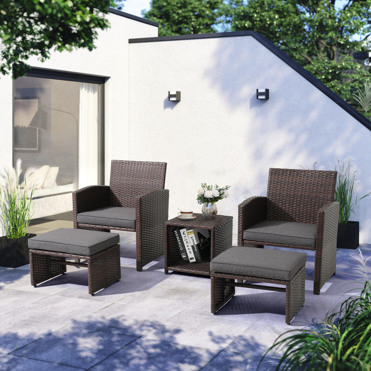 5 Piece Outdoor Wicker Patio Furniture Conversation Set