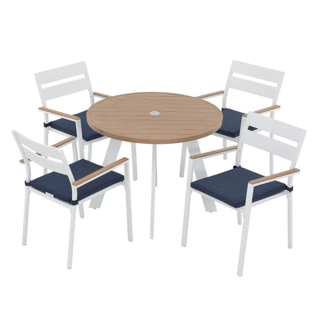 JOIVI Aluminum Patio Furniture Set, 5 Piece Outdoor Conversation Set with Wood Grain Top Dining Table, Stackable Chairs for 4 People, w/2.05” Umbrella Hole, for Deck, Backyard