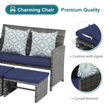 Outdoor Loveseat Patio Furniture Rattan Conversation Set, with Ottoman, Pillows Included, Grey Wicker