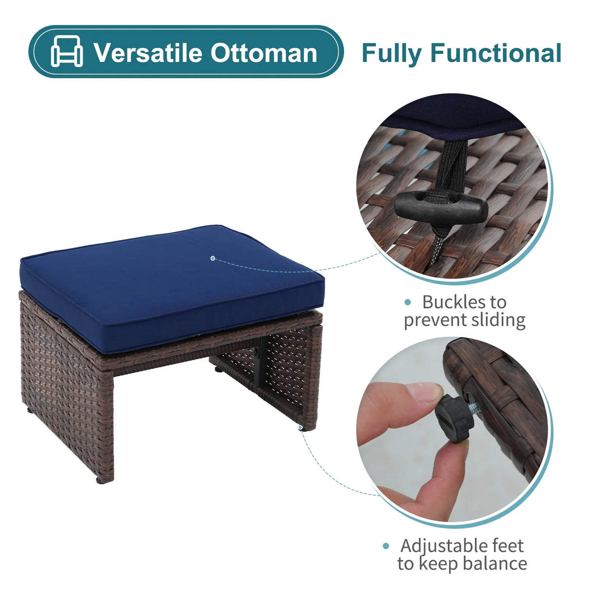 6 Piece Patio Wicker Furniture Set, Rattan Outdoor Chairs, with Cushioned Ottoman, Resin Nesting Table, Modern Design