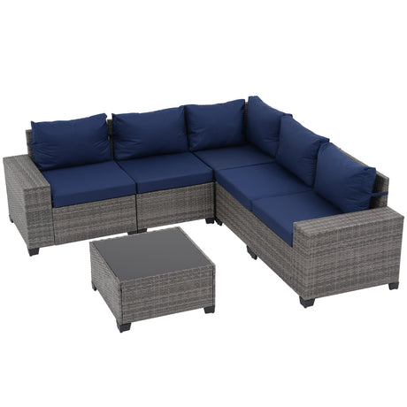 JOIVI 6-Piece Patio Furniture Set, Rattan Outdoor Conversation Set with Coffee Table, Wicker Sectional Sofa Set with Wide Armrest