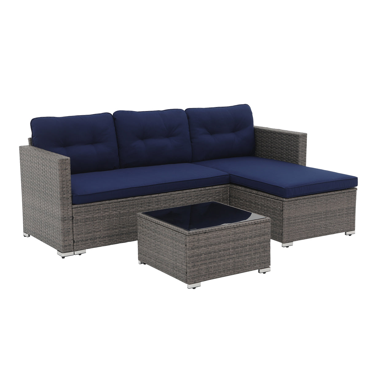 JOIVI 3 Pieces Patio Conversation Set, PE Wicker Rattan Outdoor Furniture Set, 2 Ways Small Sectional Sofa with Cushions, Tempered Glass Coffee Table