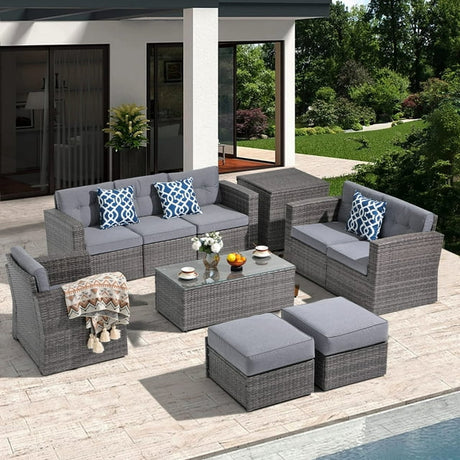 Patio Furniture Set, Outdoor Sectional Sofa Set, 10 Pieces All-Weather PE Wicker Patio Conversation Sets with Rattan Storage Box & Ottomans, Tempered Glass Coffee Table, Three Blue Pillows, Grey