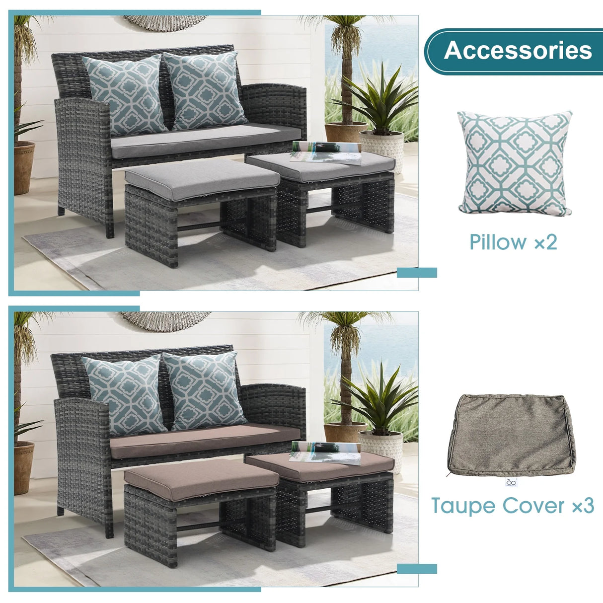 Outdoor Loveseat Patio Furniture Rattan Conversation Set, with Ottoman, Pillows Included, Grey Wicker