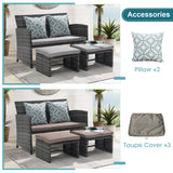 Outdoor Loveseat Patio Furniture Rattan Conversation Set, with Ottoman, Pillows Included, Grey Wicker