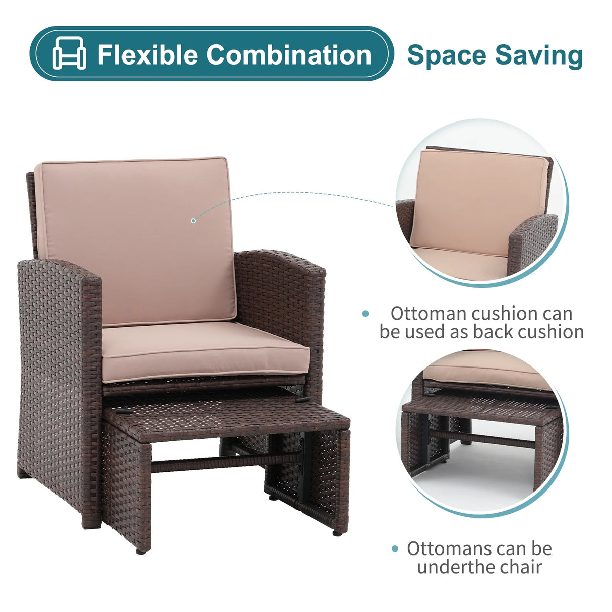 6 Piece Patio Wicker Furniture Set, Rattan Outdoor Chairs, with Cushioned Ottoman, Resin Nesting Table, Modern Design