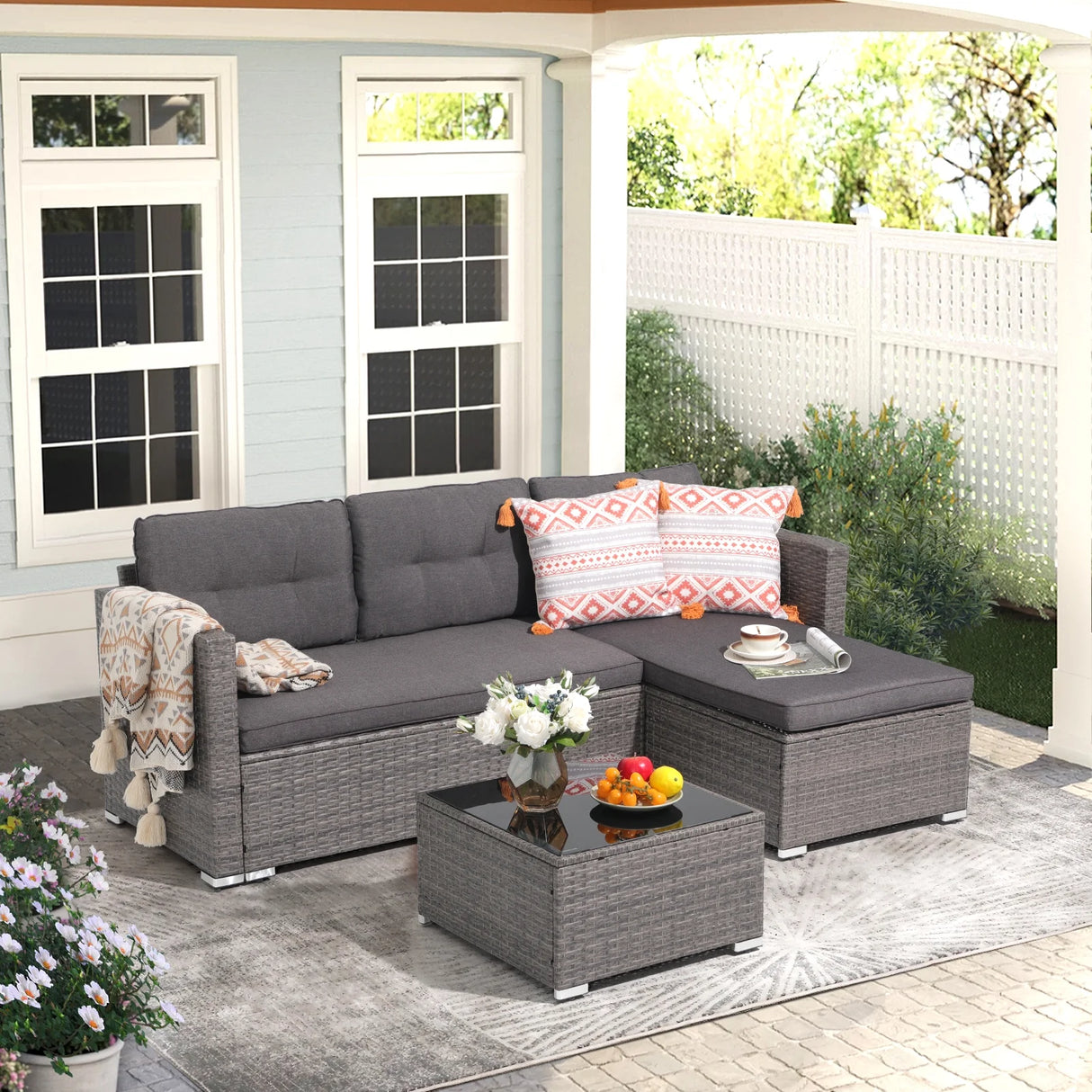 3 Pieces Patio Conversation Set, PE Wicker Rattan Outdoor Furniture Set, 2 Ways Small Sectional Sofa with Cushions, Tempered Glass Coffee Table