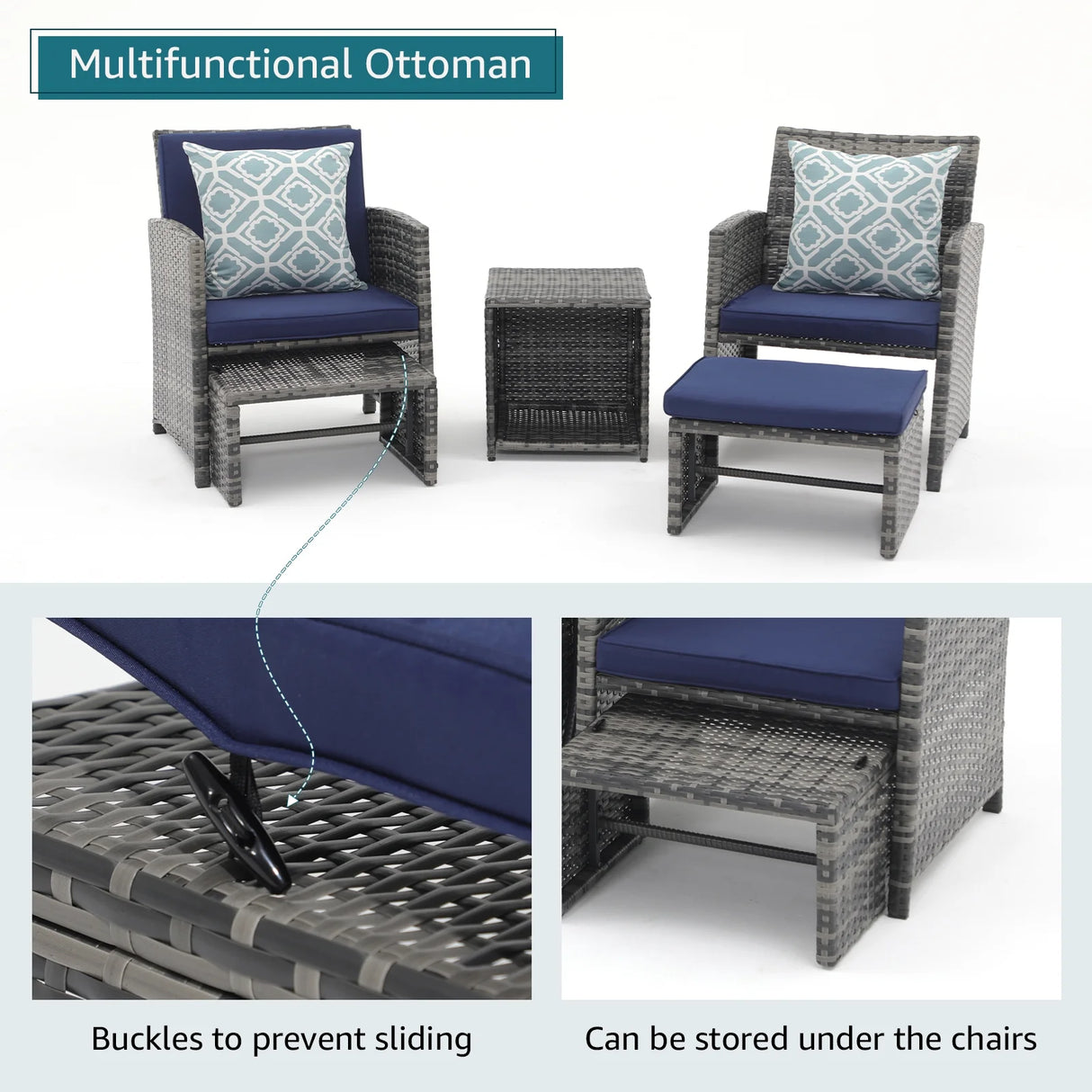 5 Piece Patio Furniture Set, Wicker Outdoor Patio Set with Ottoman and Small Coffee Table, Pillows Included