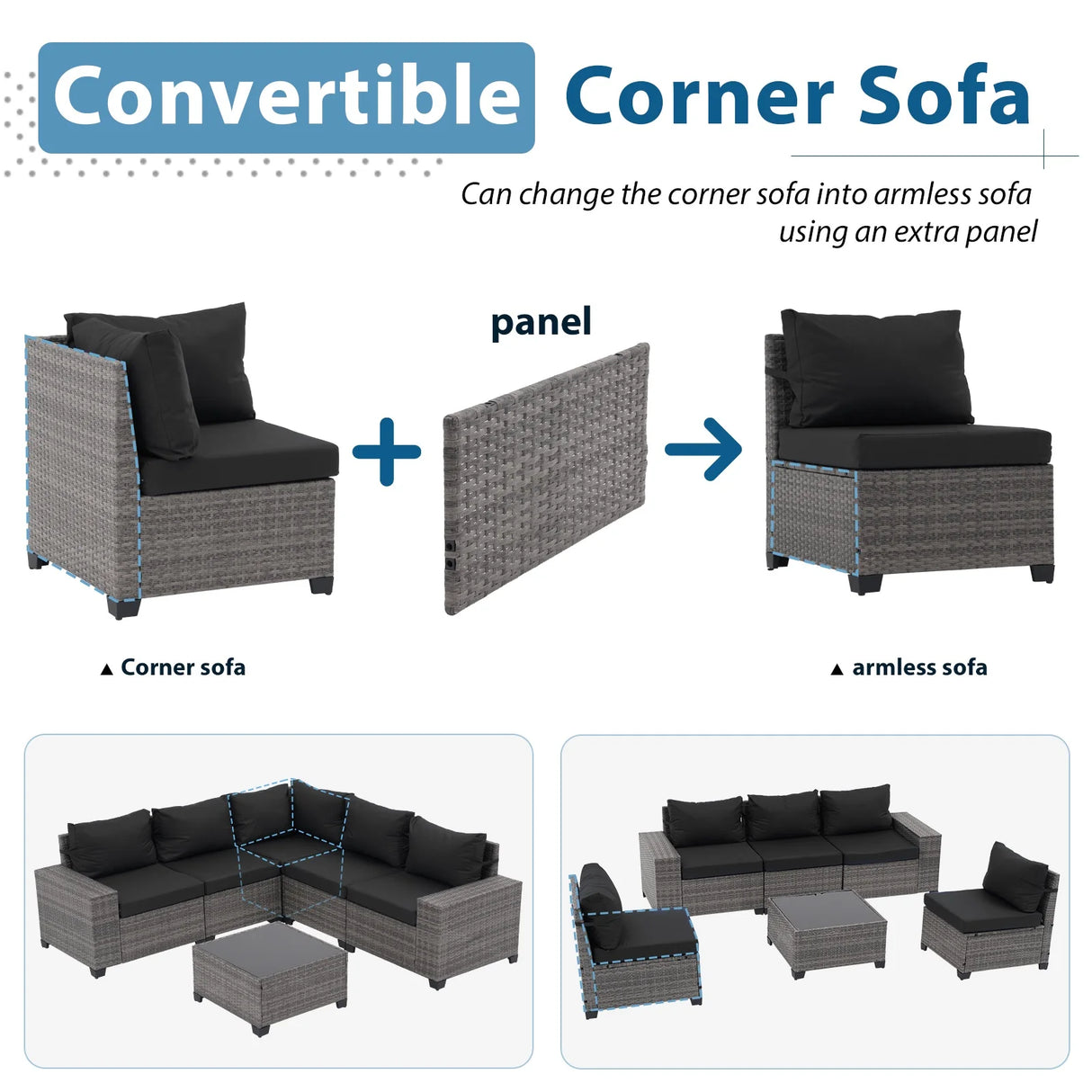 6 Pieces Patio Furniture Conversation Set, Wicker Outdoor Sectional Sofa Set with Coffee Table and Cushions for Deck, Garden, Porch