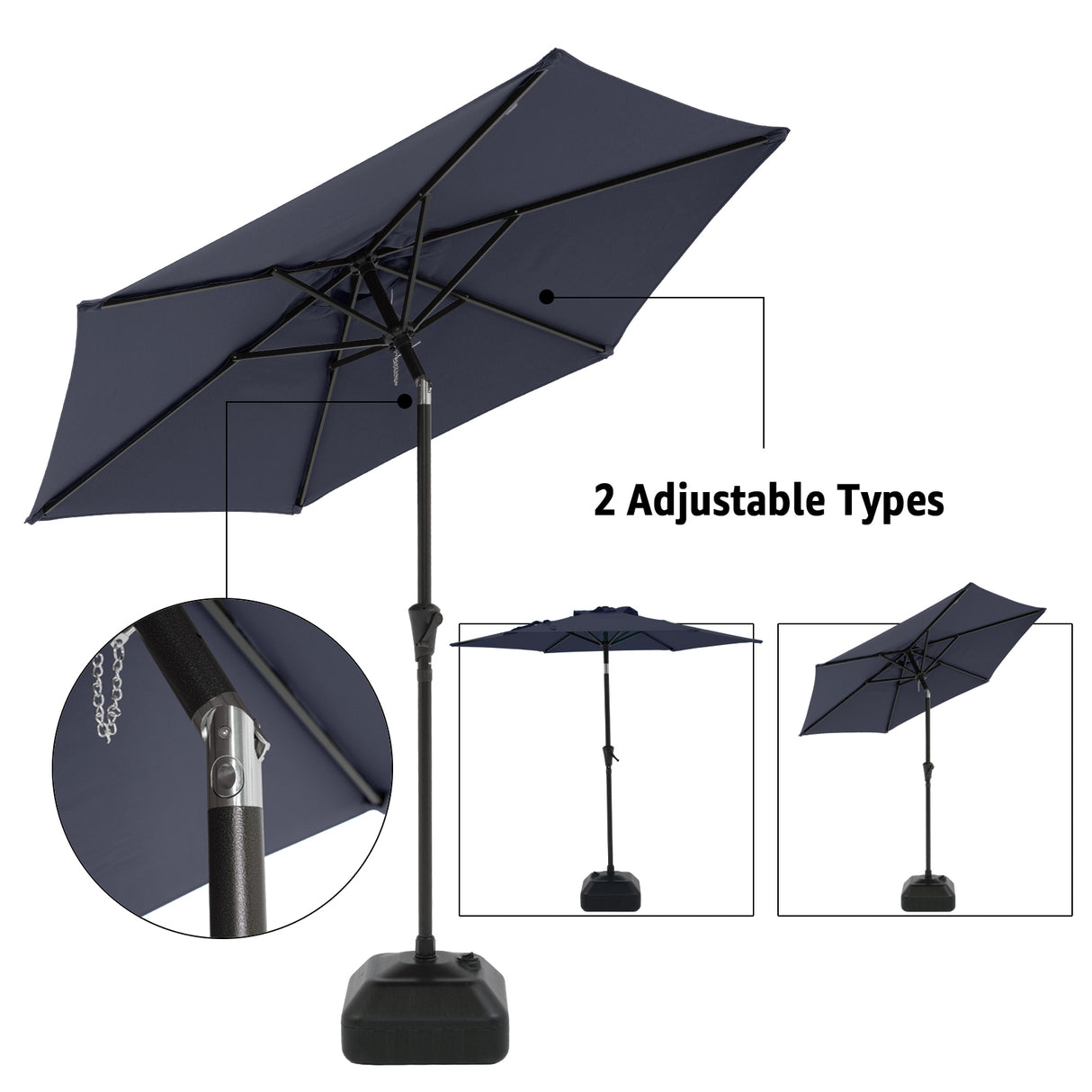 7.5 ft Patio Umbrella with Water or Sand Self-Filled Black Square Base Stand, Outdoor Table Market Umbrella with Push Button Tilt and Crank, 6 Ribs