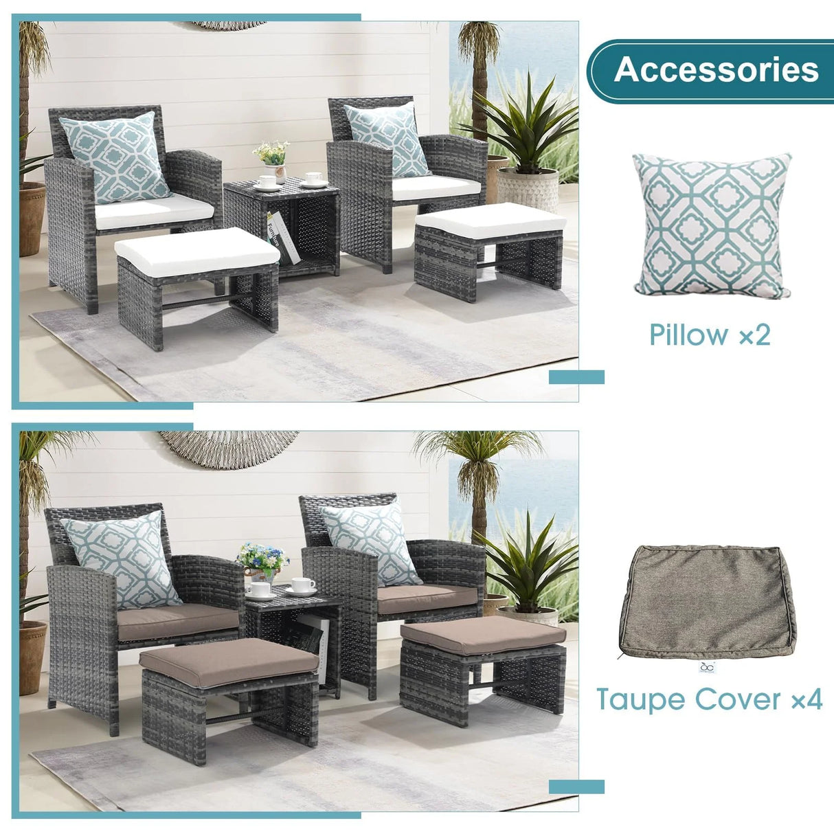 5 Piece Patio Furniture Set, Wicker Outdoor Patio Set with Ottoman and Small Coffee Table, Pillows Included