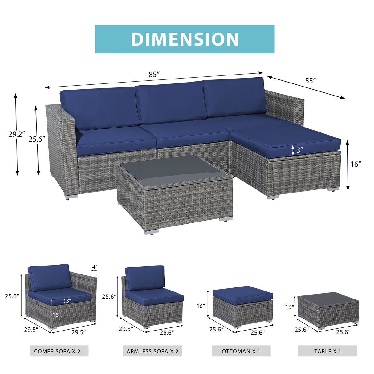 5 Piece Outdoor Patio Wicker Sectional Furniture Set