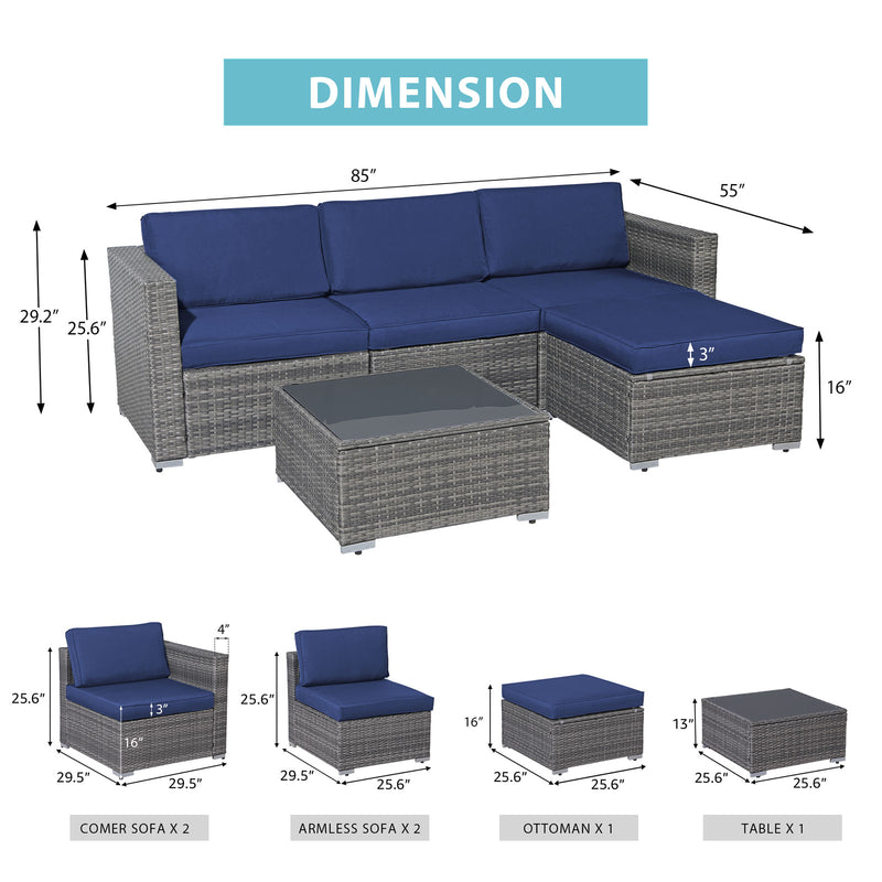 5 Piece Outdoor Patio Wicker Sectional Furniture Set with Coffee Table
