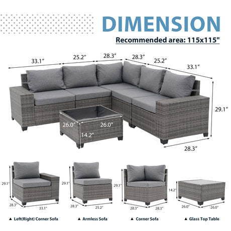 JOIVI 6-Piece Patio Furniture Set, Rattan Outdoor Conversation Set with Coffee Table, Wicker Sectional Sofa Set with Wide Armrest