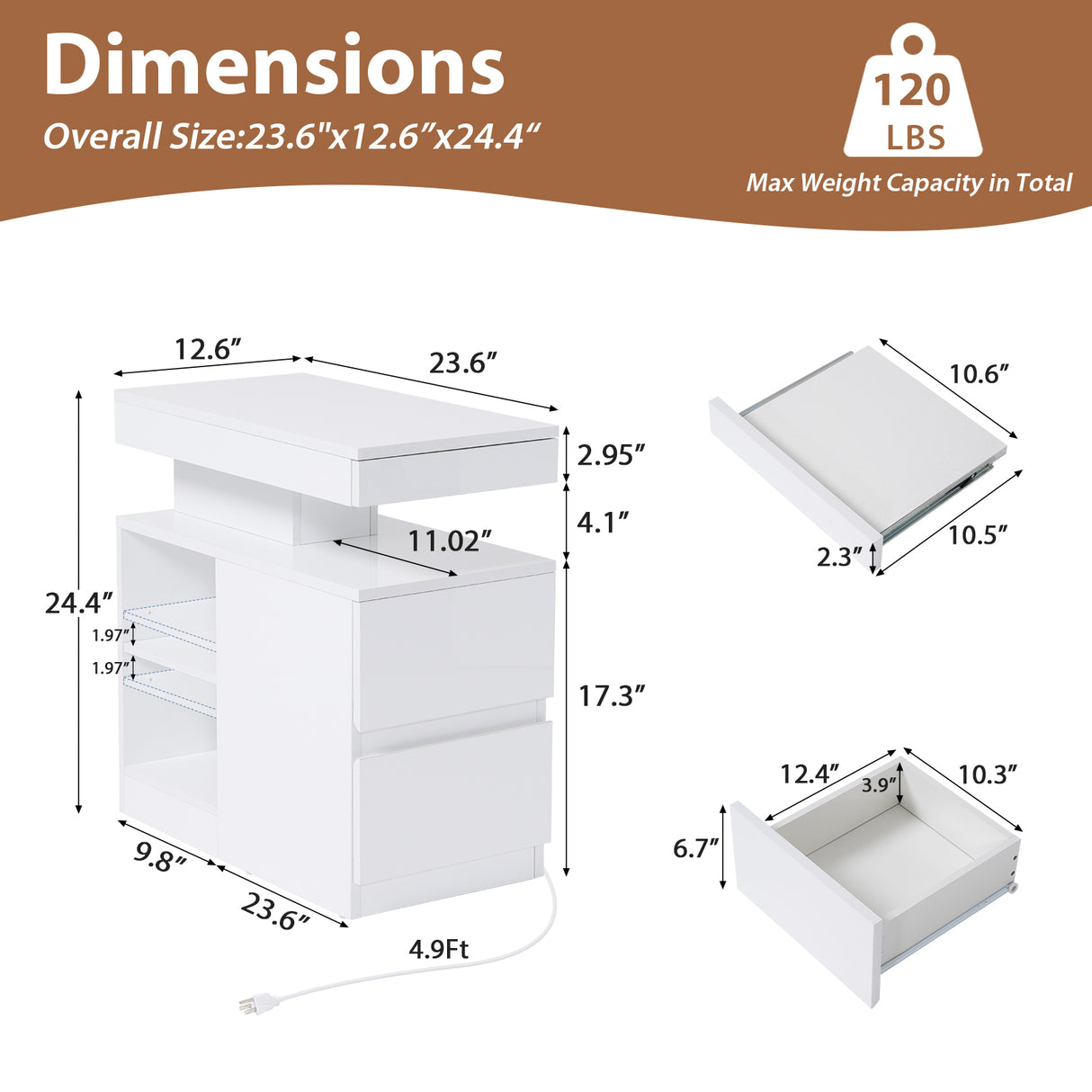 JOIVI LED Nightstand with Charging Station, 2-Drawers High Gloss Bedside Table, Modern End Side Table with LED Lights