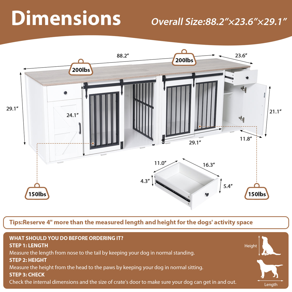 JOIVI 88" Dog Crate Furniture with Double Sliding Barn Doors & Drawers for 2 Dogs, Indoor Wooden Dog Kennel with Removable Divider
