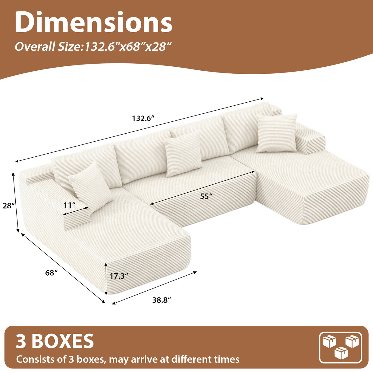 JOIVI Indoor Modular Sectional Sofa, 132'' Corduroy Cloud Couch with Double Chaise, U Shaped Sofas with Deep Seat, Comfy Fluffy Plush Couches, No Assembly Required
