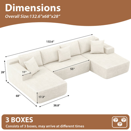 JOIVI Indoor Modular Sectional Sofa, 132'' Corduroy Cloud Couch with Double Chaise, U Shaped Sofas with Deep Seat, Comfy Fluffy Plush Couches, No Assembly Required