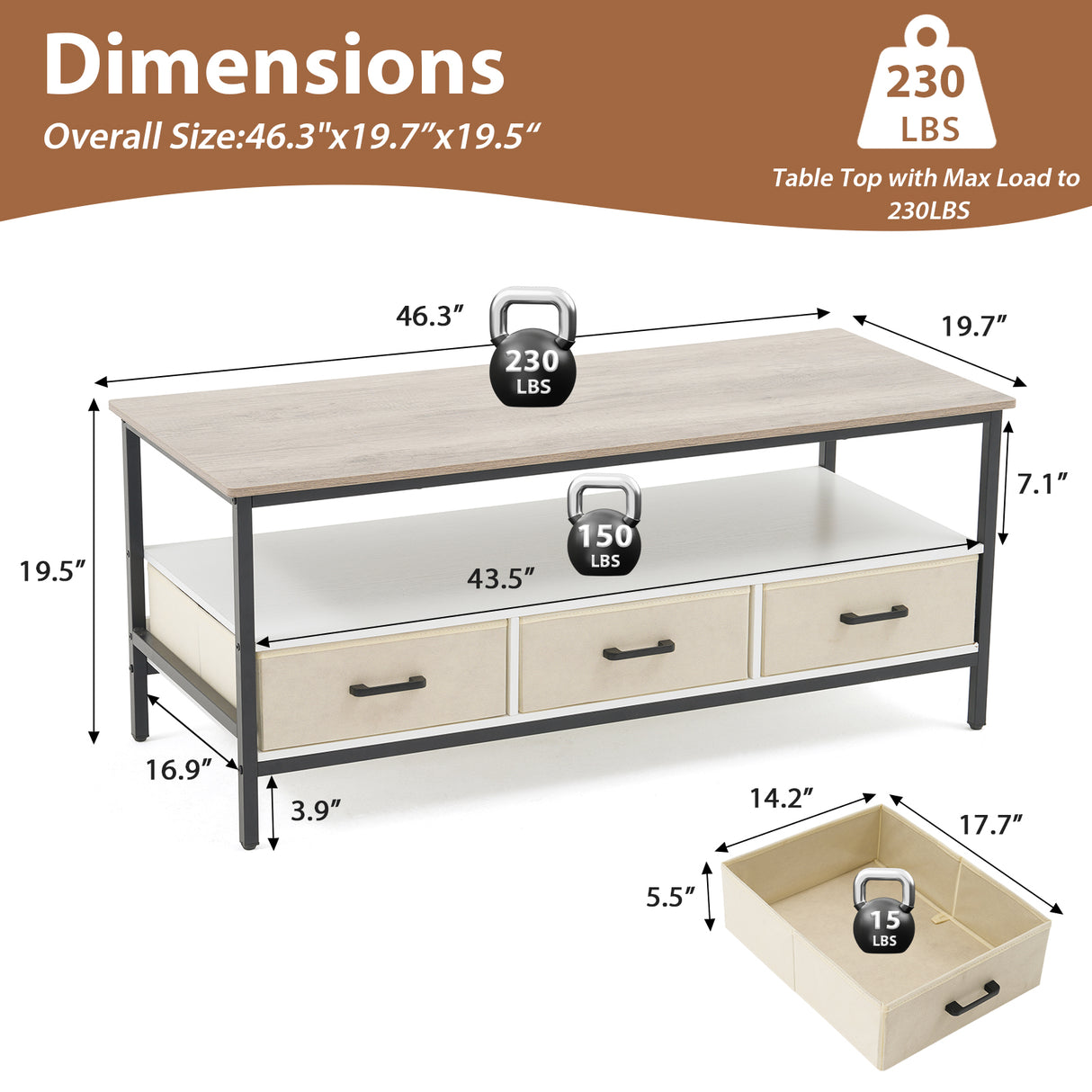 JOIVI 2-Tier Coffee Table with Storage Shelf and 3 Drawers, 46.3" Rectangular Center Table Wood Top for Living Room