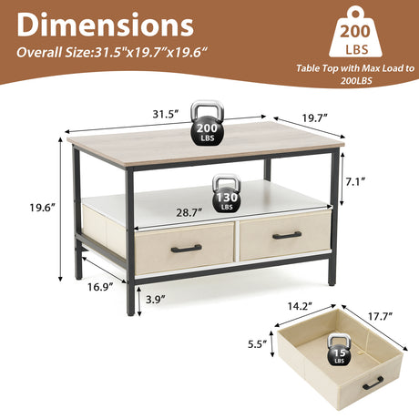 JOIVI 2-Tier Coffee Table with Storage Shelf and 2 Drawers, 31.5" Rectangular Center Table Wood Top for Living Room