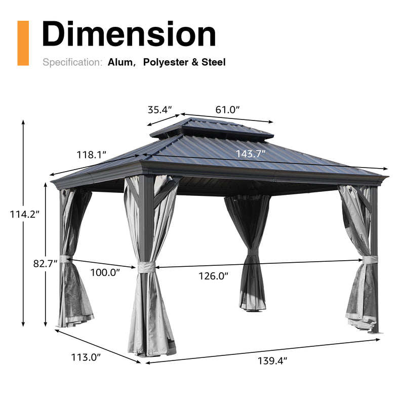 10' X 12' Hardtop Gazebo with Aluminum Frame, Outdoor Permanent Metal Roof Garden Gazebo Pavilion with Netting and Curtains for Patio, Backyard, Lawn