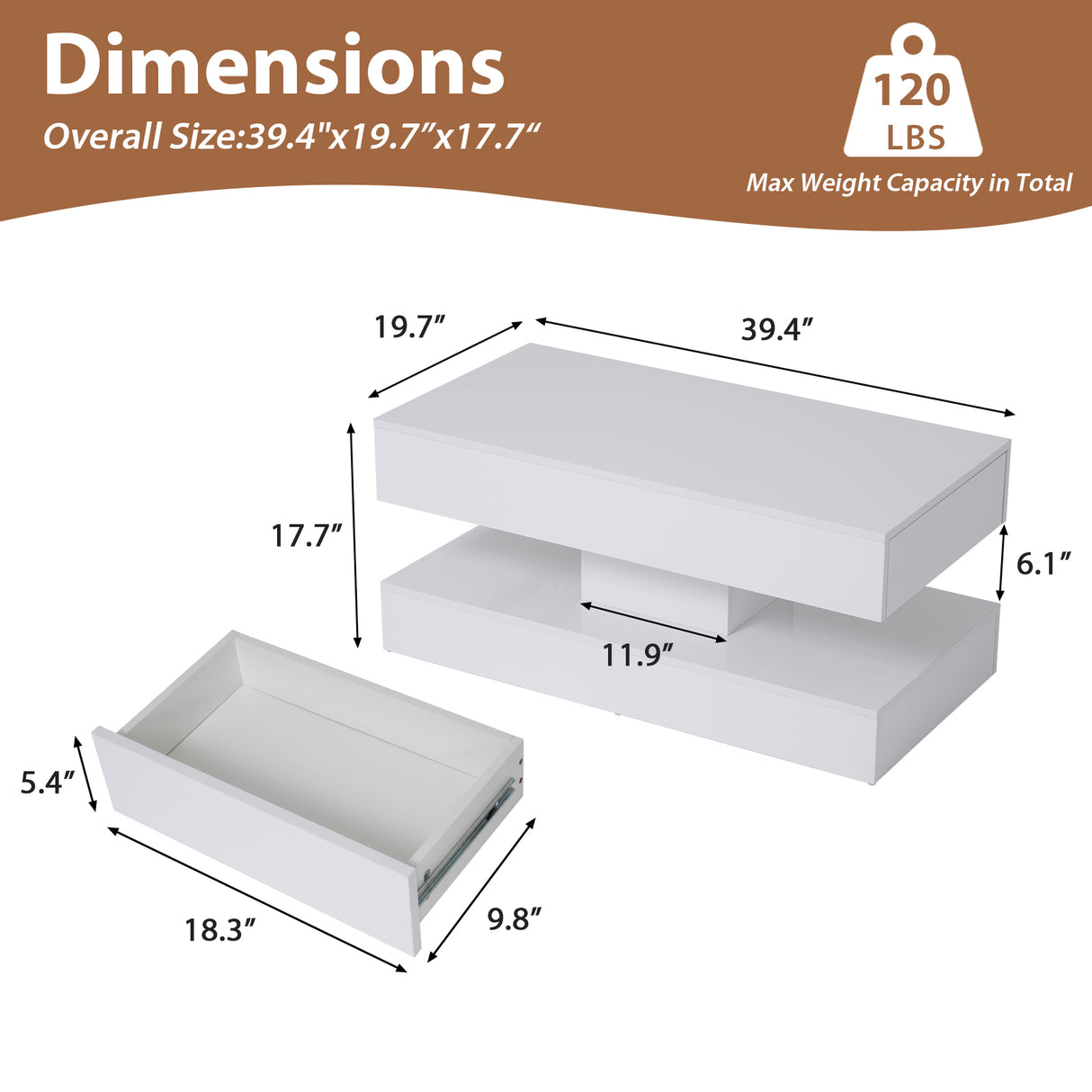 JOIVI LED Coffee Table with 2 Storage Drawers, Modern High Gloss Coffee Table, 2 Tiers Rectangle Center Table, 16-Color LED Lights