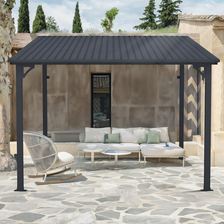 JOIVI 8' x 10' Outdoor Lean to Gazebo, Hardtop Wall Mounted Gazebo with Sloping Roof, Awnings for Patio with All-Iron Frame, Pergolas for Patio, Backyard, Deck