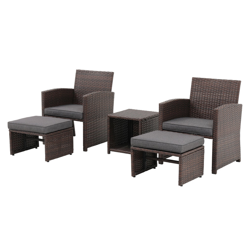 5 Piece Outdoor Wicker Patio Furniture Conversation Set With Ottoman And Storage Table (Brown)