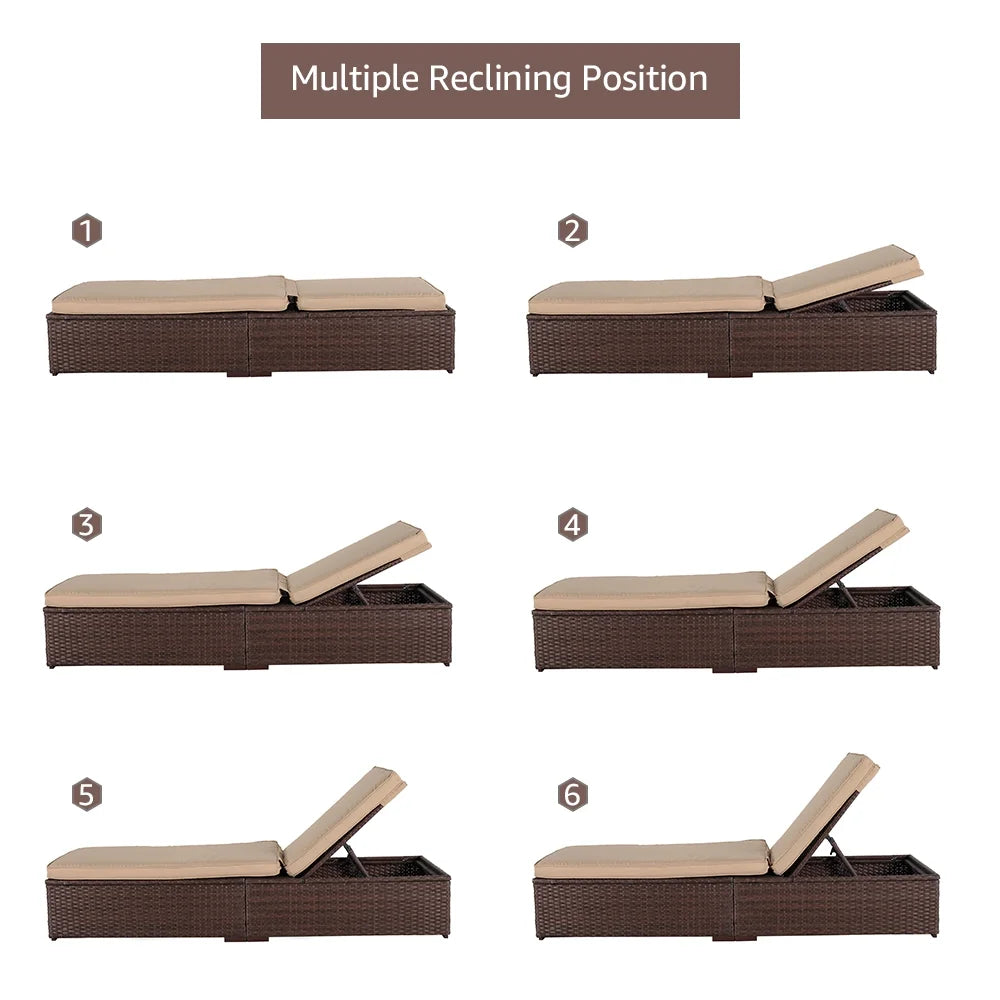 JOIVI Outdoor Chaise Lounge Chairs, Brown Wicker Rattan Adjustable Position Sun Lounger with Removable Beige Cushions- Set of 2