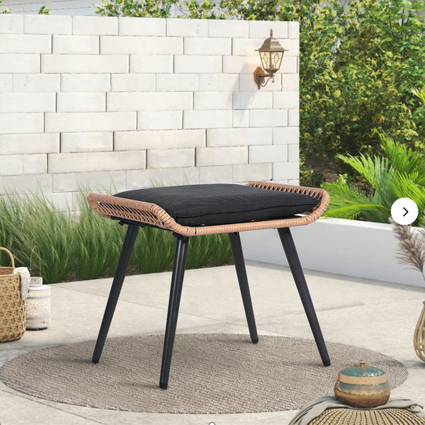 JOIVI Outdoor Wicker Ottoman Set of 2, Patio Rattan Ottomans with Seat Cushions, 2 Pieces Footstool Footrest Seat