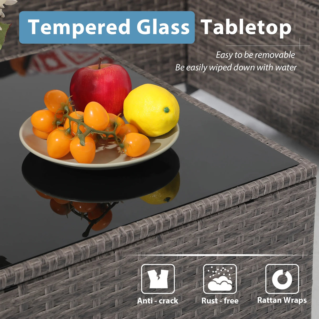 3 Pieces Patio Conversation Set, PE Wicker Rattan Outdoor Furniture Set, 2 Ways Small Sectional Sofa with Cushions, Tempered Glass Coffee Table