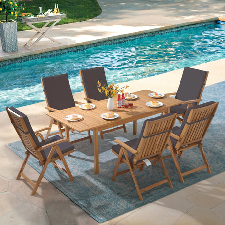 7 Piece Patio Dining Set, Outdoor Acacia Wood Furniture Set, Extendable Rectangular Table and 6 Foldable Reclining chairs for Deck Garden Backyard