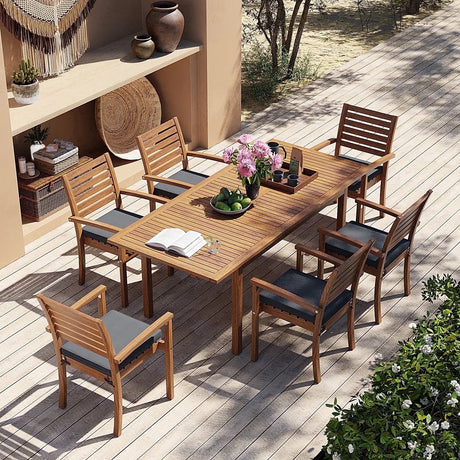 7 Piece Patio Dining Set, Outdoor Acacia Wood Furniture Set, Extendable Rectangular Table and 6 Stackable chairs