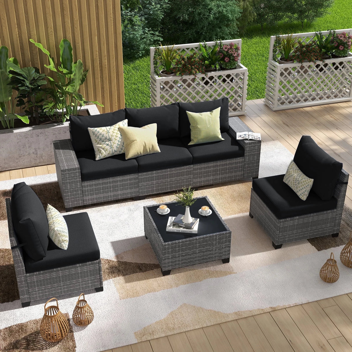 6 Pieces Patio Furniture Conversation Set, Wicker Outdoor Sectional Sofa Set with Coffee Table and Cushions for Deck, Garden, Porch