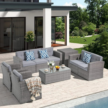 Patio Furniture Set, Outdoor Sectional Sofa Set, 9 Pieces All-Weather PE Wicker Patio Conversation Sets with Rattan Storage Box & Patio Chair, Tempered Glass Coffee Table, Three Blue Pillows, Grey