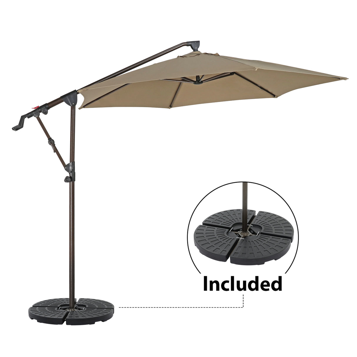 10ft Offset Patio Umbrella with Base Included, Hanging Outdoor Umbrella with Water Sand Filled Umbrella Stand Weights