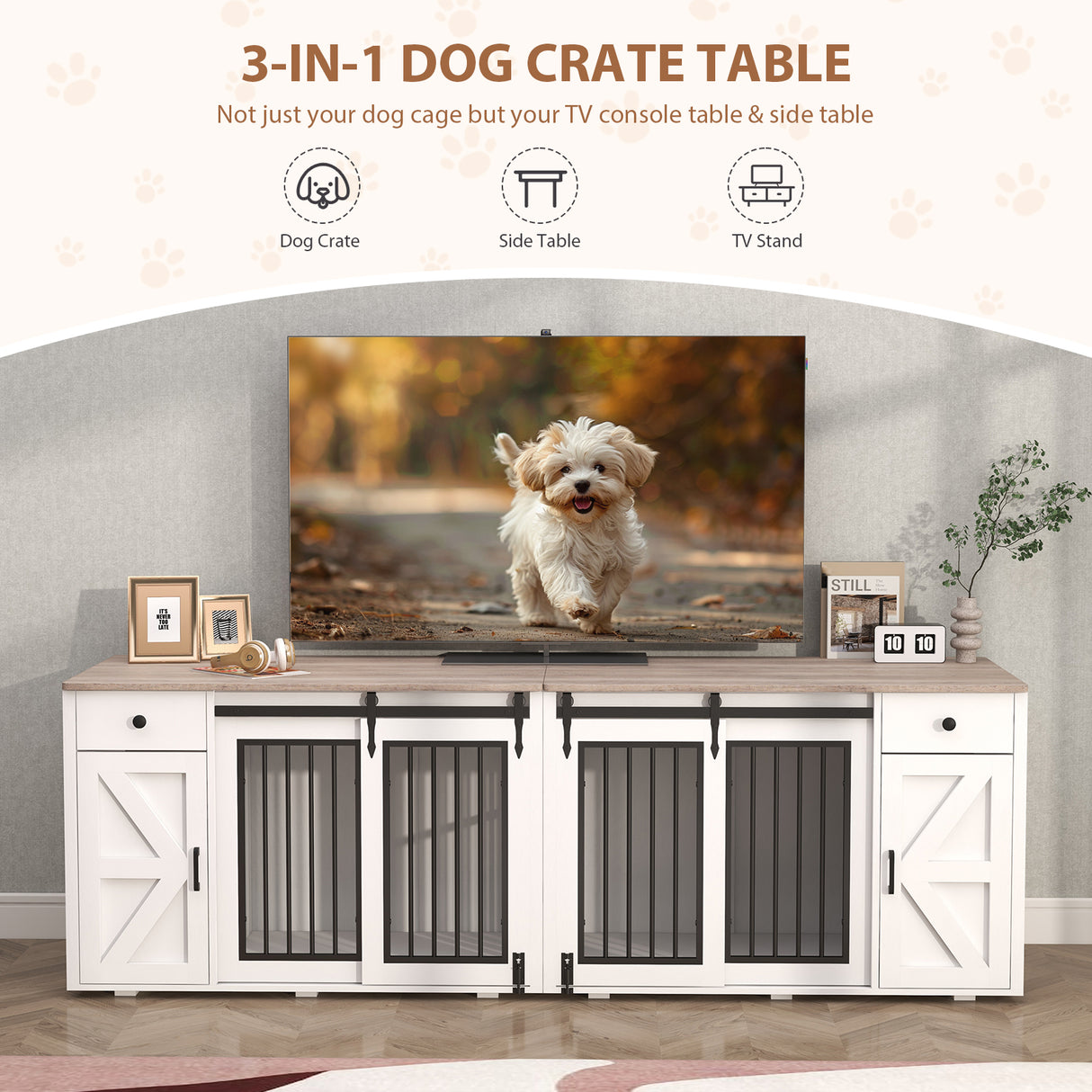 JOIVI 88" Dog Crate Furniture with Double Sliding Barn Doors & Drawers for 2 Dogs, Indoor Wooden Dog Kennel with Removable Divider