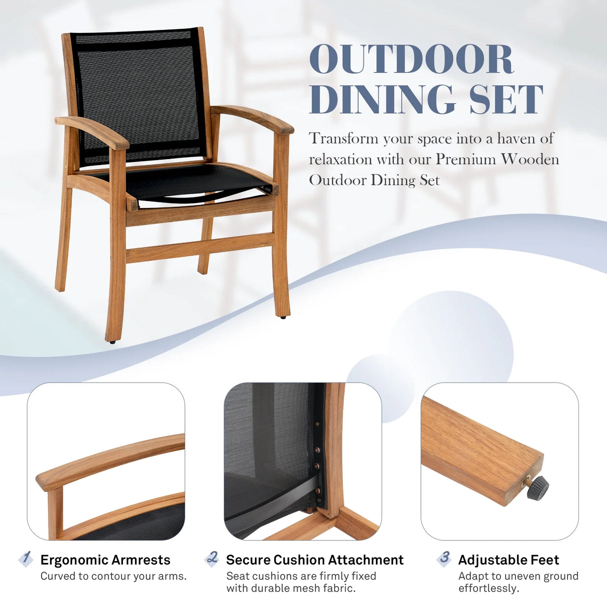 Expandable Wooden Outdoor Dining Set of 7, with Textilene Fabric Chairs, 4-8 Seater Patio Furniture, Adjustable Feet, Wood Table with Umbrella Hole