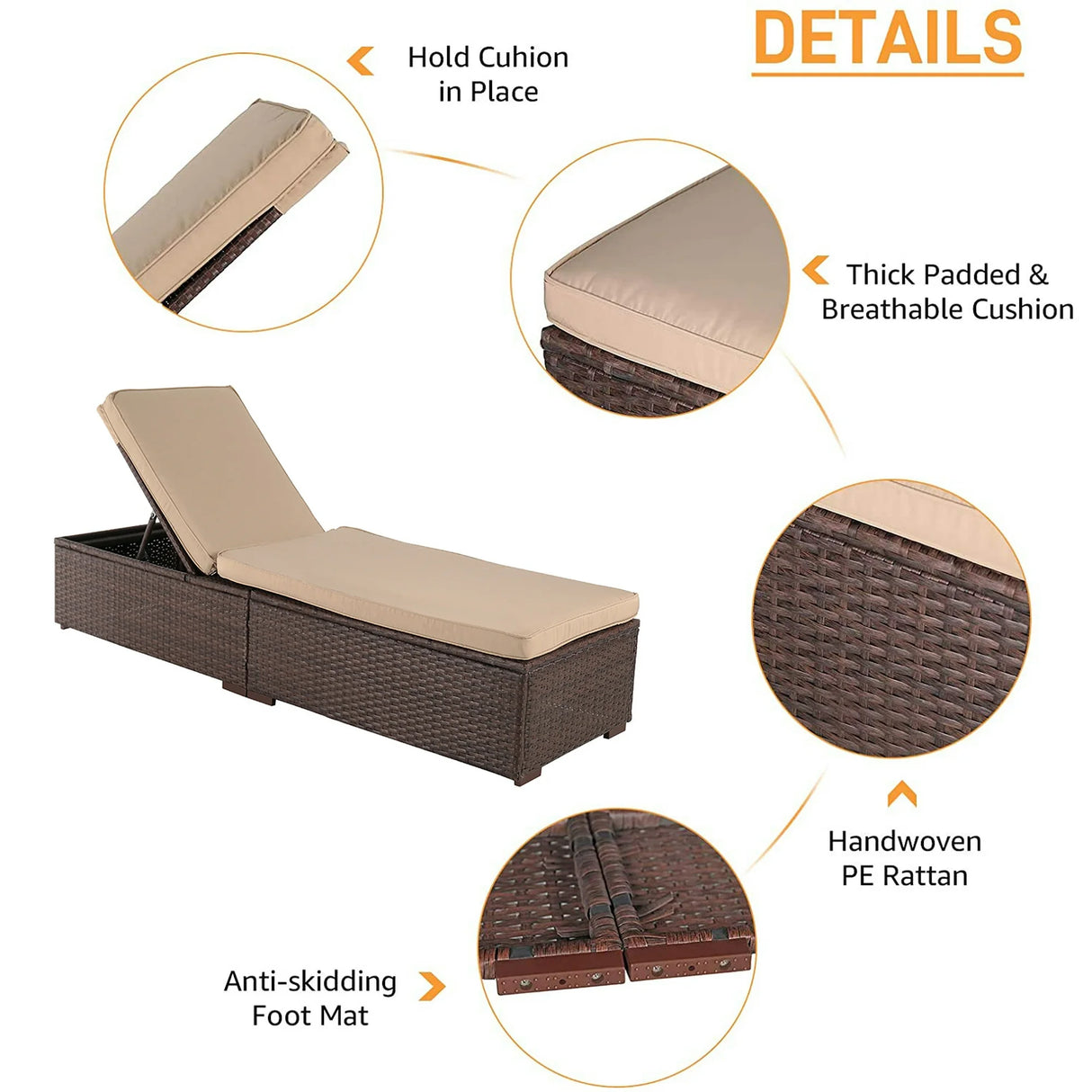 JOIVI Outdoor Chaise Lounge Chairs, Brown Wicker Rattan Adjustable Position Sun Lounger with Removable Beige Cushions- Set of 2