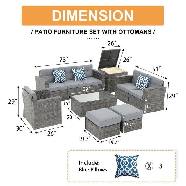 Patio Furniture Set, Outdoor Sectional Sofa Set, 10 Pieces All-Weather PE Wicker Patio Conversation Sets with Rattan Storage Box & Ottomans, Tempered Glass Coffee Table, Three Blue Pillows, Grey