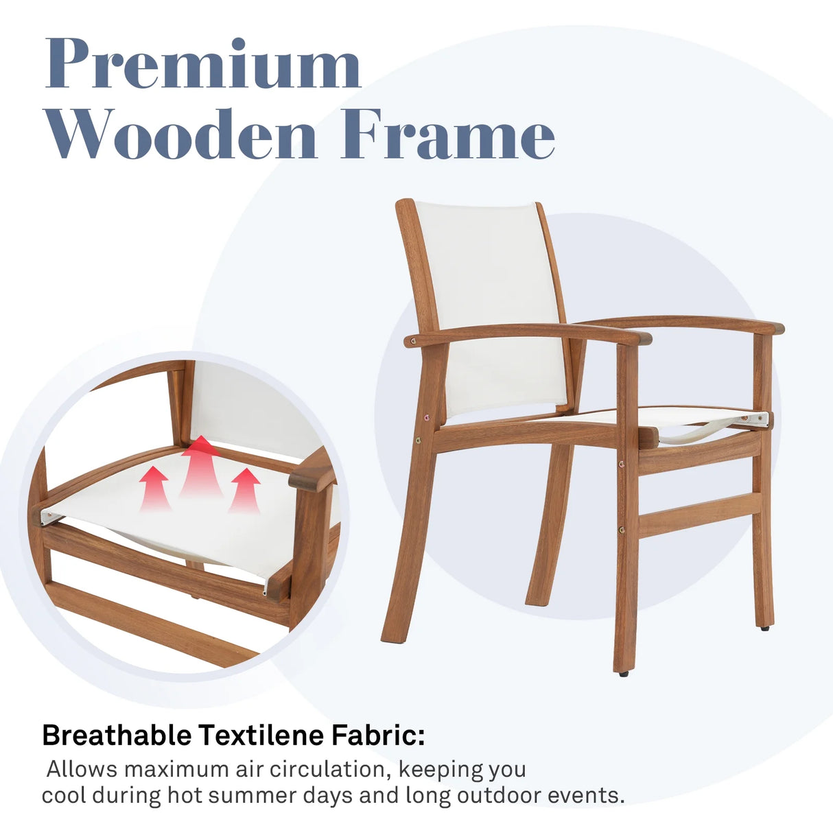 Expandable Wooden Outdoor Dining Set of 5, with Textilene Fabric Chairs, 4-8 Seater Patio Furniture, Adjustable Feet, Wood Table with Umbrella Hole