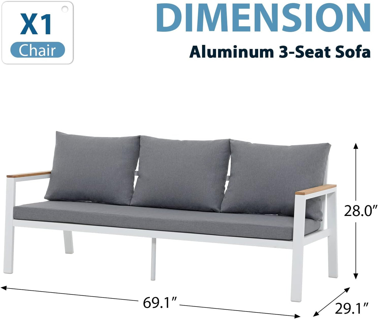 3-seat Aluminum Outdoor Sofa with Teak Arms