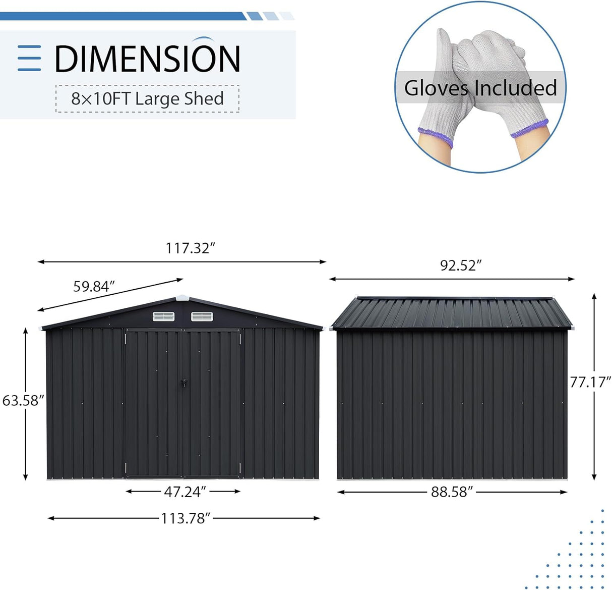 JOIVI Outdoor Storage Shed, 8'x10' Large Galvanized Steel Metal Garden Shed, Double Door W/Lock, Outdoor Storage House for Backyard Patio Lawn