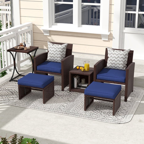 6 Piece Patio Wicker Furniture Set, Rattan Outdoor Chairs, with Cushioned Ottoman, Resin Nesting Table, Modern Design