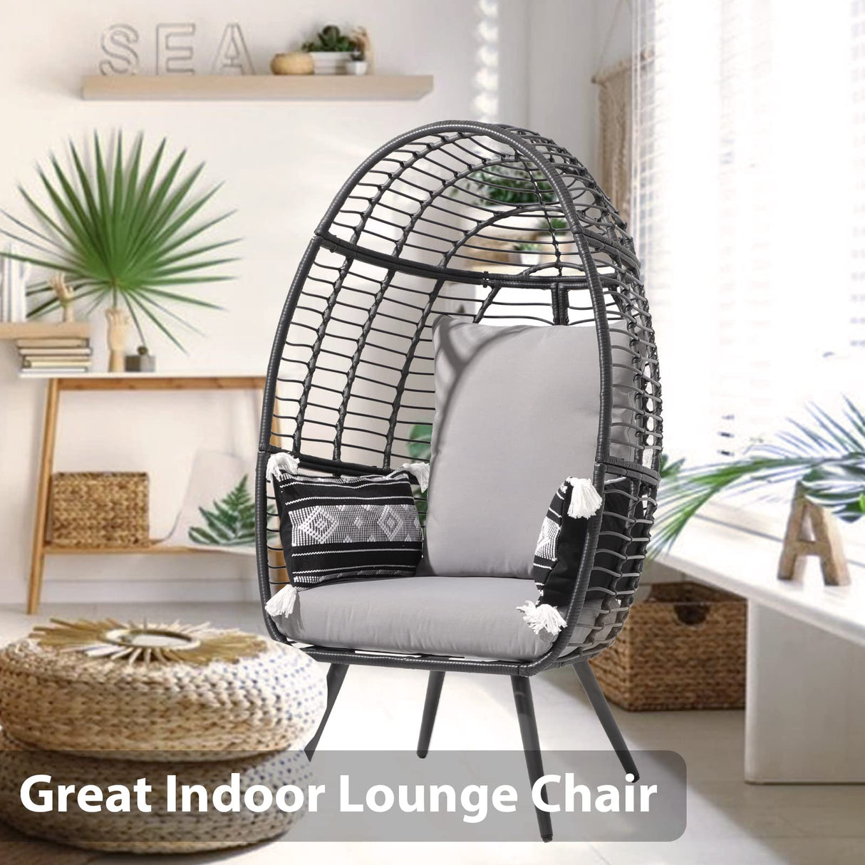 JOIVI Wicker Egg Chair, Outdoor Indoor Oversized Stationary Egg Chair with Stand and Cushions, Large Egg Basket Chair