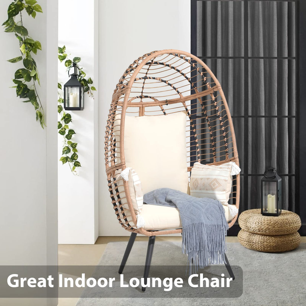 JOIVI Wicker Egg Chair, Outdoor Indoor Oversized Stationary Egg Chair with Stand and Cushions, Large Egg Basket Chair