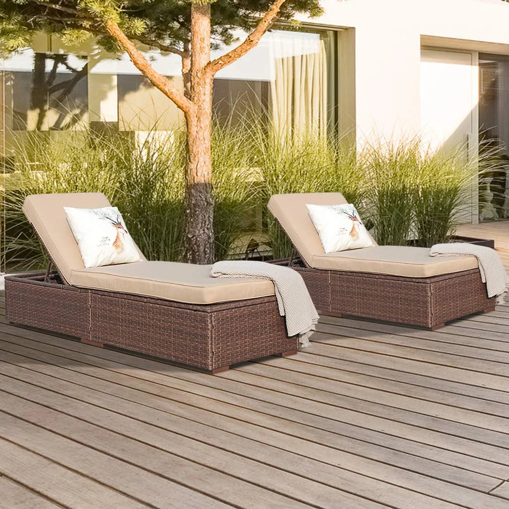 JOIVI Outdoor Chaise Lounge Chairs, Brown Wicker Rattan Adjustable Position Sun Lounger with Removable Beige Cushions- Set of 2