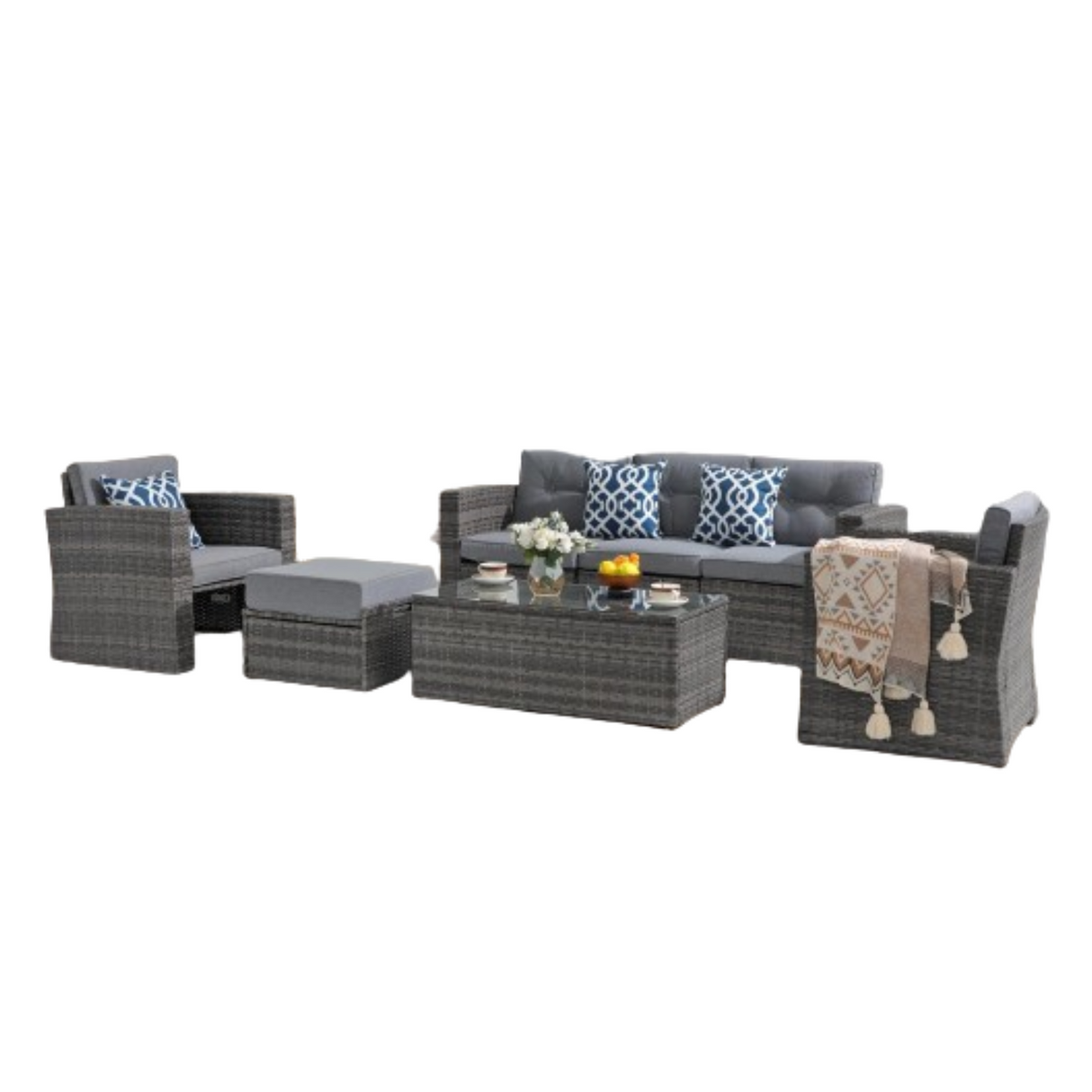 joivi 7 pieces patio furniture set patio conversation sets pe wicker outdoor sectional sofa with ottoman empered glass coffee table three blue pillows