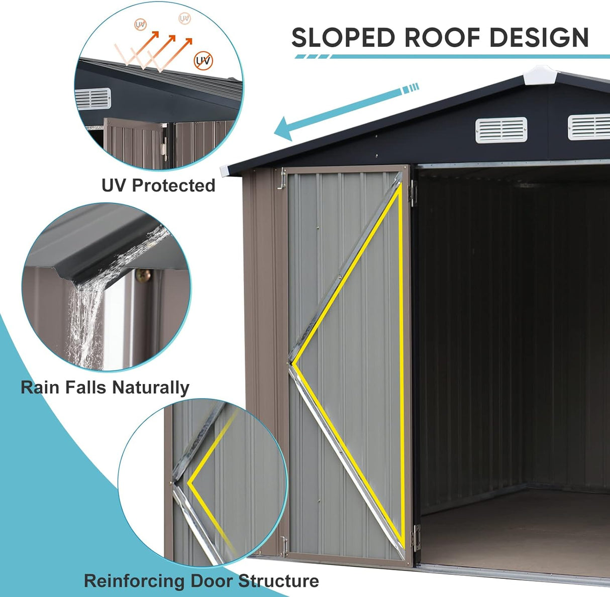 JOIVI Outdoor Storage Shed, 8'x10' Large Galvanized Steel Metal Garden Shed, Double Door W/Lock, Outdoor Storage House for Backyard Patio Lawn
