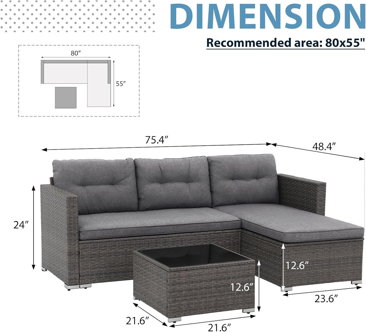 JOIVI 3 Pieces Patio Conversation Set, PE Wicker Rattan Outdoor Furniture Set, 2 Ways Small Sectional Sofa with Cushions, Tempered Glass Coffee Table